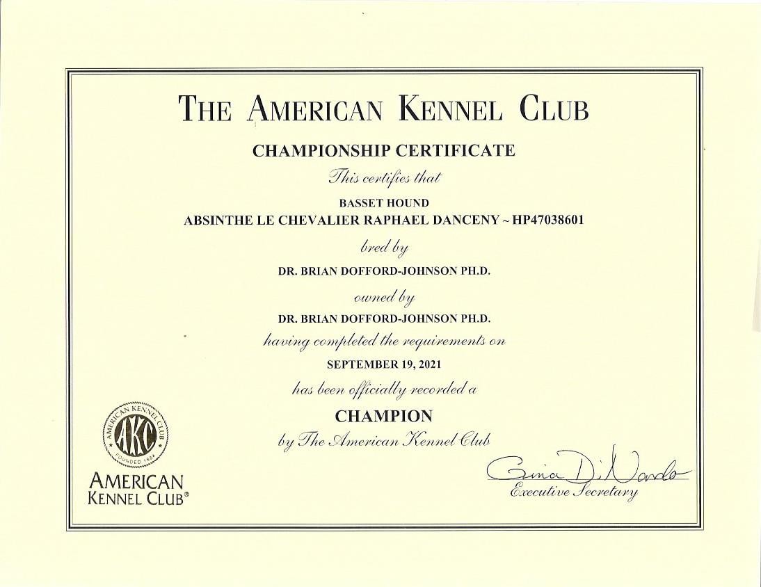 May be an image of text that says 'THE AMERICAN KENNEL CLUB CHAMPIONSHIP CERTIFICATE This certifies that BASSET HOUND ABSINTHE LE CHEVALIER RAPHAEL DANCENY HP47038601 beb DR. BRIAN DOFFORD-JOHNSON PH.D. ownedby owned DR. BRIAN DOFFORD-JOHNSON PH.D. having completed the reguirements on SEPTEMBER 19 2021 has been officially recorded'a CHAMPION by The American Kennel Club Execulive GaviaDVondo ecretary c AMERICAN KENNEL CLUB®'